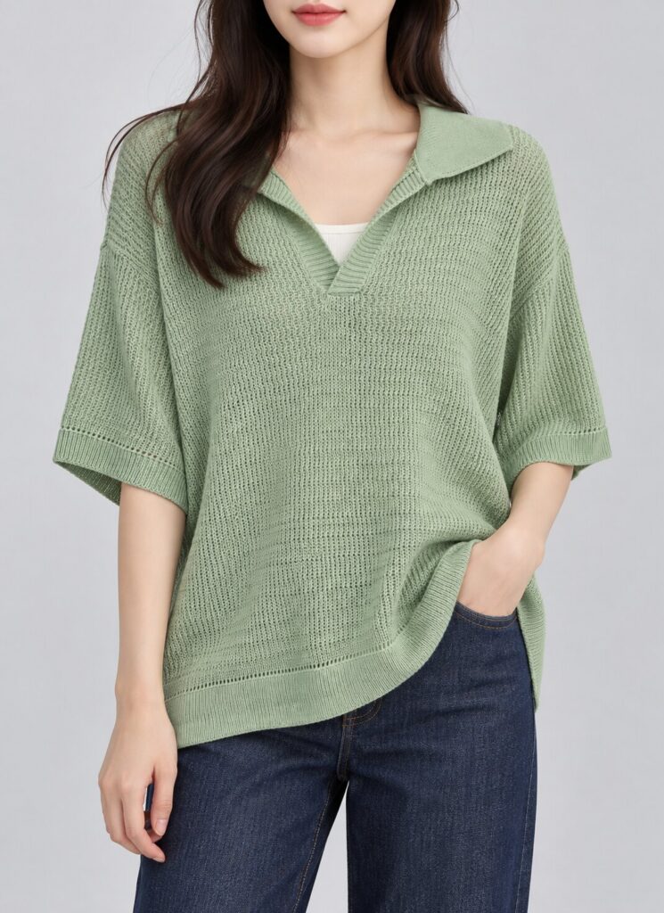 민트 카라 브이넥 루즈핏 반팔 니트