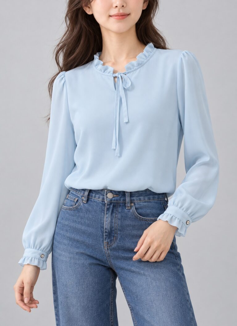 하늘색 리본 프릴 꽃단추 블라우스